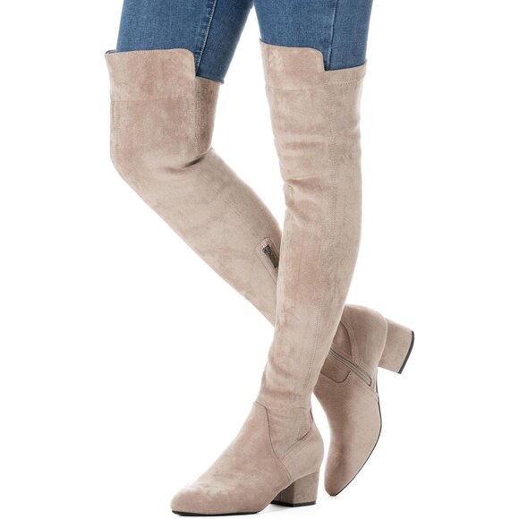 Women Cream/2 Inch Heel Faux Suede Over The Knee Thigh High Low Block Heel Boot - Picture 2 of 5